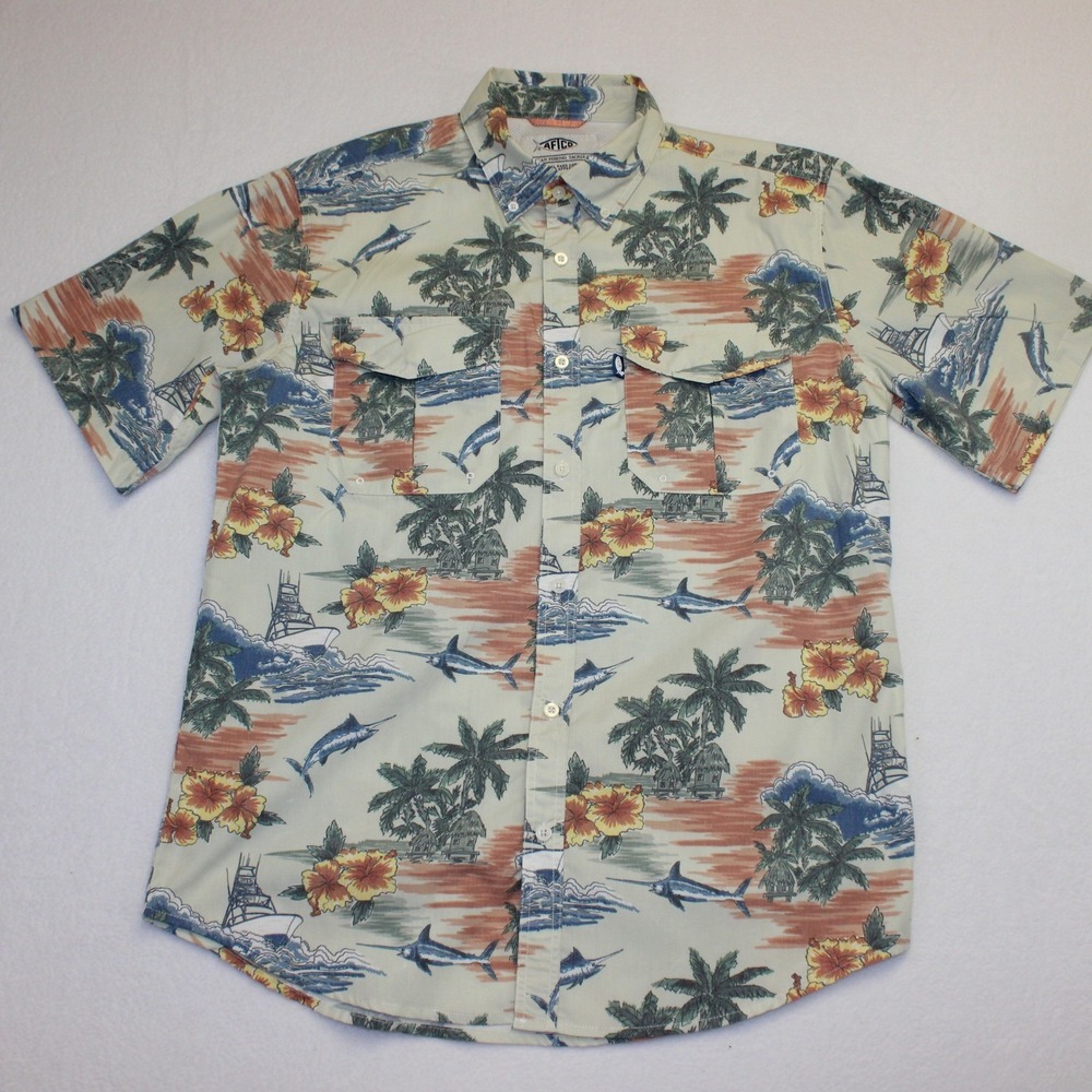 AFTCO Mens Marlin Tropical Fishing Shirt Short Sleeve Button Down Tan Medium
